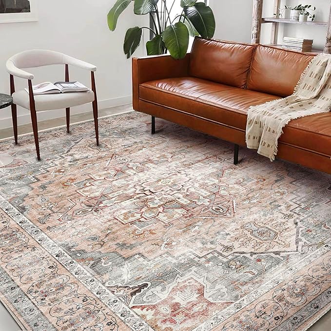 Area Rug 6'x9' Light Cyan and Light red Washable Vintage Traditional Floor Cover Thin Retro Kitchen Indoor Distressed Non Slip Carpet for Living Room Bedroom Dining Room