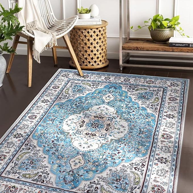 COMSLE Area Rug 3x5 Faux Wool Rugs for Kitchen, Boho Washable Throw Rugs Non-Slip Distressed Carpet Soft Accent Floor Rug for Bedroom, Living Room, Laundry Room (Light Blue)