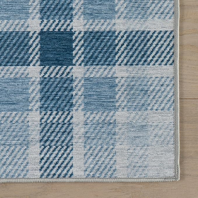 Dash & Albert Andri Plaid Blue Machine Washable Rug, 2 X 3 Feet, Blue/White Plaid Pattern