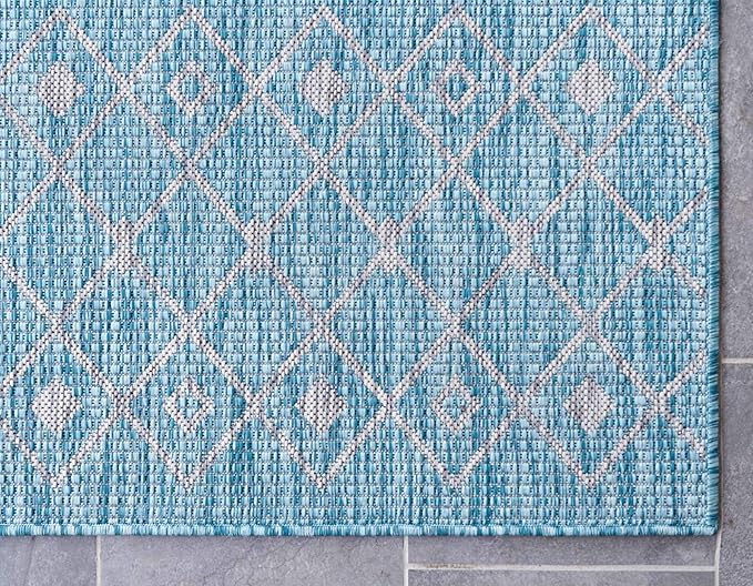 Unique Loom Outdoor Trellis Collection Area Rug - Tribal Trellis (9' x 12' Rectangle, Aqua/ Ivory)