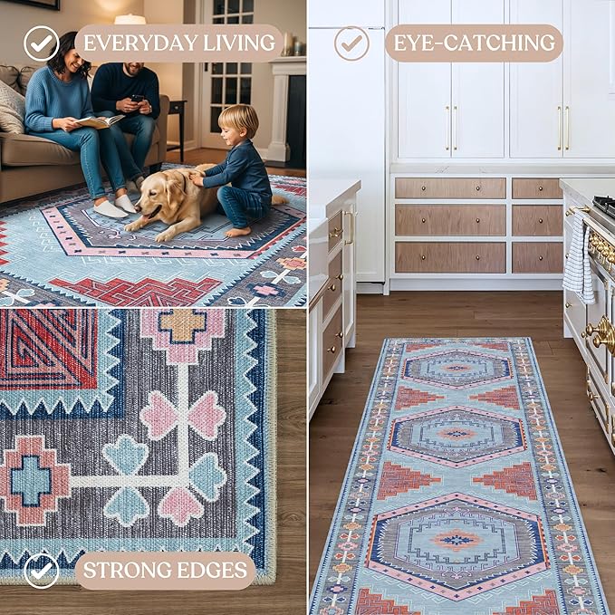 Fame Living Washable Area Rug. Modern Farmhouse. Vintage. Turkish. Bohemian. Distressed. Oriental. Traditional. Rugs for Living Room. Dining. Bedroom. Office. Entryway. Foyer. (856BlM, 2' x 3')