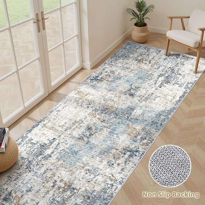 Runner Rug Non Slip Rugs: 3x10 Hallway Kitchen Washable Abstract Soft Modern Stain Resistant Indoor Floor Neutral Accent Throw Carpet for Bathroom Laundry Room Entryway Bedroom- Blue