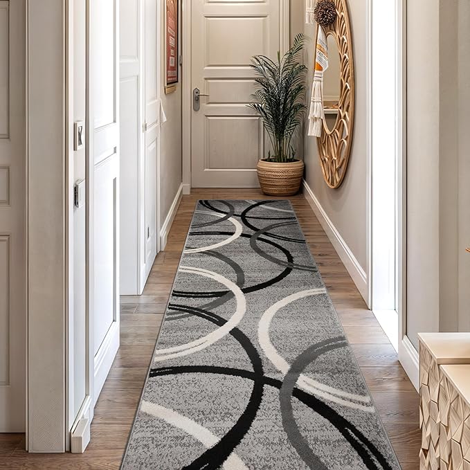Rugshop Wavy Circles Design Runner Rug, Carpet with Jute Backing for Hallway, Kitchen, or Entryway, Gray, 2'7" x 10'