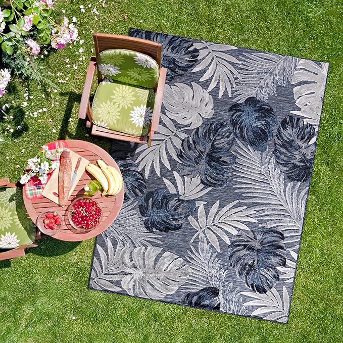 CAMILSON Indoor Outdoor Rug, Navy 10’x14’ Leaf Tropical Botanical Area Rugs for Indoor and Outdoor patios, Easy-Cleaning Non-Shedding Living Room, Garden and Kitchen Washable Outside Carpet (10x14)