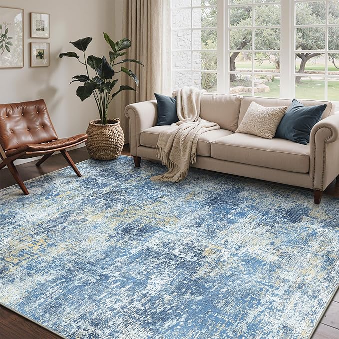 Bavni 8x10 Area Rugs Machine Washable Rug for Living Room, Modern Printed Rug Indoor Soft Area Rug for Bedroom Dining Room, Ultra-Thin Low Pile Carpet with Non Slip Rubber Backing, Denim Blue
