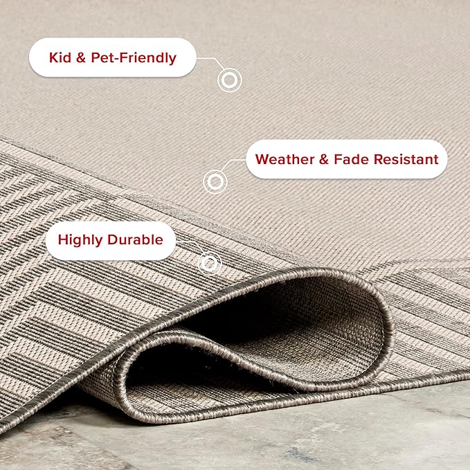Nuloom Asha Light Grey/Ivory, 2' x 8', Casual, Striped Border, Soft and Cozy, High Traffic, Stain Resistant, Easy Clean, Durable Runner for Indoor/Outdoor Patio, Deck, Porch, Garden, Courtyard