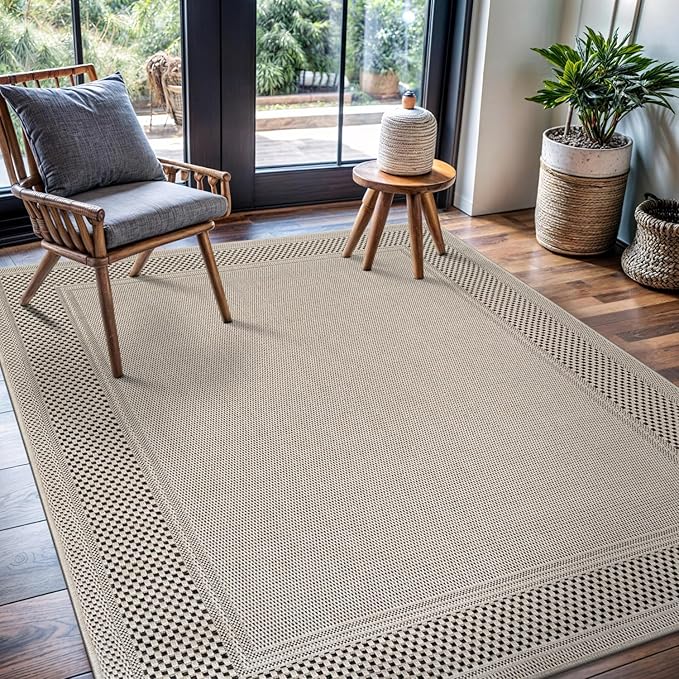 CAMILSON Easy Jute Rug 9x12, Indoor Outdoor Off-White Color Fiber Area Rugs for Living Room Patio and Dining Room Rug, Bordered Boho Woven Design, Easy-Cleaning, Washable Outside Carpet (9 x 12)