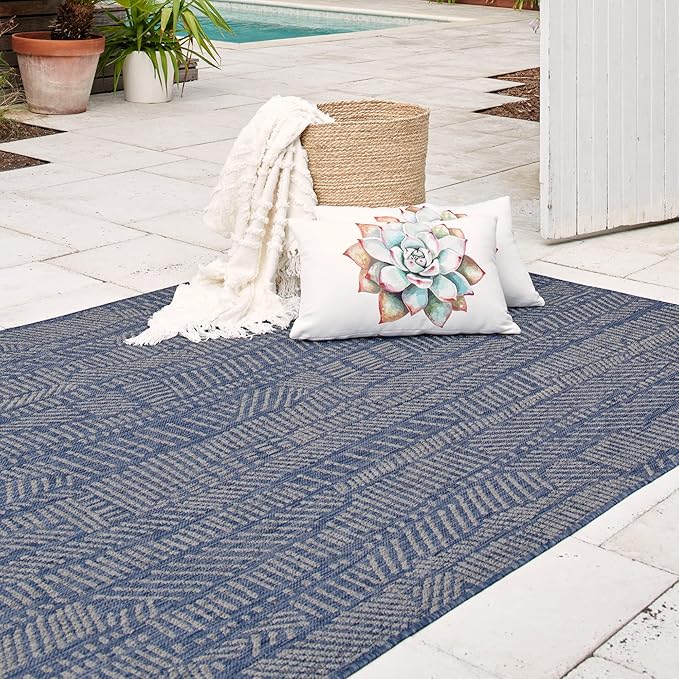 FH Home Flat Woven Outdoor Rug - Waterproof, Easy to Clean, Stain resistant - Premium Polypropylene Yarn - Modern Abstract - Patio, Deck, Porch, Balcony,Laundry Room - Suez - Blue - 3ft 11in x 5ft 6in