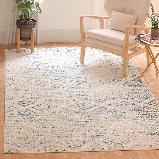 SAFAVIEH Tulum Collection Area Rug - 5'3" x 7'6", Ivory & Turquoise, Moroccan Boho Tribal Design, Non-Shedding & Easy to Clean, Ideal for Living Room, Bedroom, Dining Space (TUL272E)