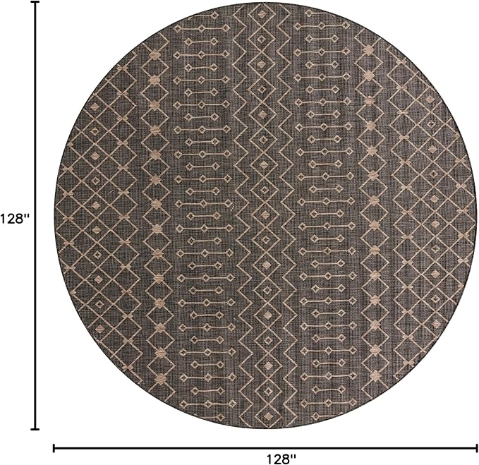 Unique Loom Outdoor Trellis Collection Area Rug - Tribal Trellis (10' 8" Round, Charcoal Gray/ Natural)