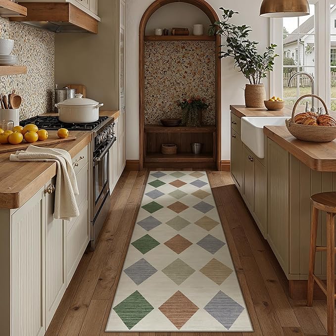 2x8 Runner Checkered Rug for Hallways Colorful Washable Long Carpet Non-Slip Low Pile Boho Indoor Accent Throw Rug for Entrance Kitchen Bedroom Dining Laundry