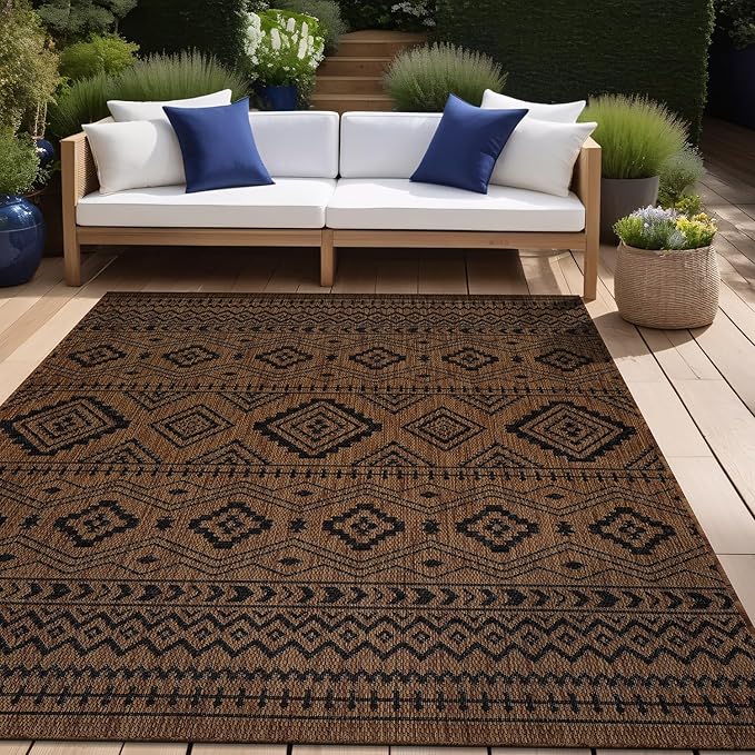 Beverly Rug Waikiki Boho Indoor Outdoor Rug 10x14, Washable Outside Carpet for Patio, Deck, Porch, Bohemian Area Rug, Farmhouse Rugs, Aztec Tribal Rug, Nut Brown and Black