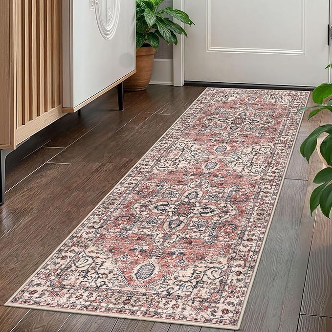 KOZYFLY Runners for Hallways 2x5 Ft Washable Kitchen Runner Rug Boho Runner Rug for Entryway Indoor Printed Oriental Faux Wool Floor Carpet Runner for Laundry Room Kitchen Hall, Terracotta/Beige