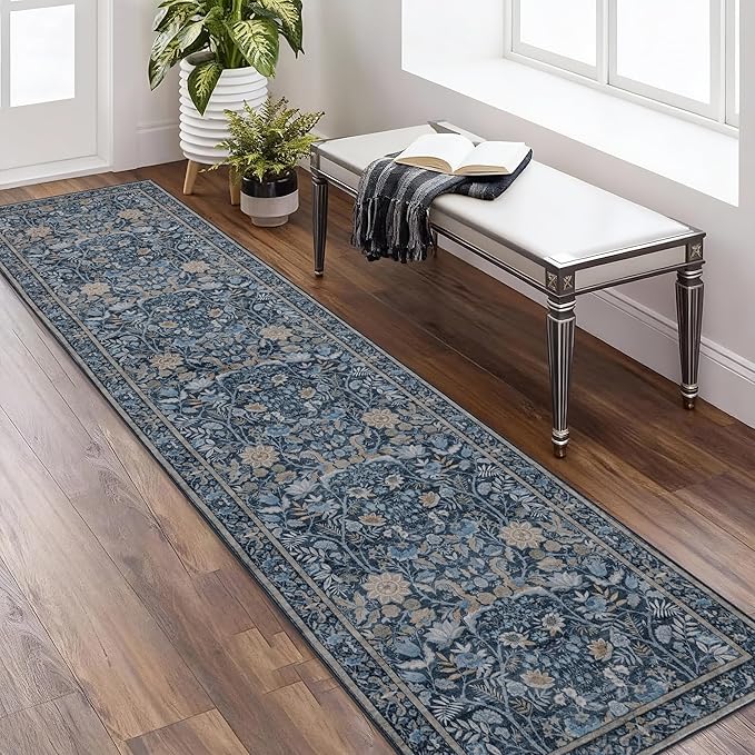 Washable Runner Rug 2x8: Vintage Boho Floral Carpet Runners for Hallway Entryway Non-Slip - Soft Botanical Low Pile Thin Mat for Kitchen Bathroom Bedroom Laundry Floor Decor - Slate Blue