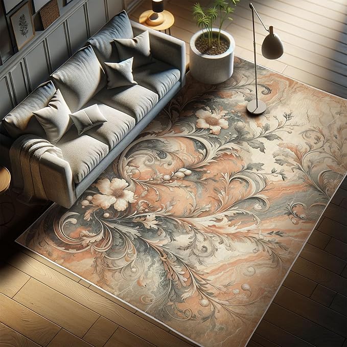 Ambesonne Floral Art Decorative Rug, Abstract Marble Print Look Victorian Curlicue Leaves Boho Flowers, Quality Carpet for Bedroom Dorm and Living Room, 4' X 5' 5", Salmon Blue Grey Eggshell