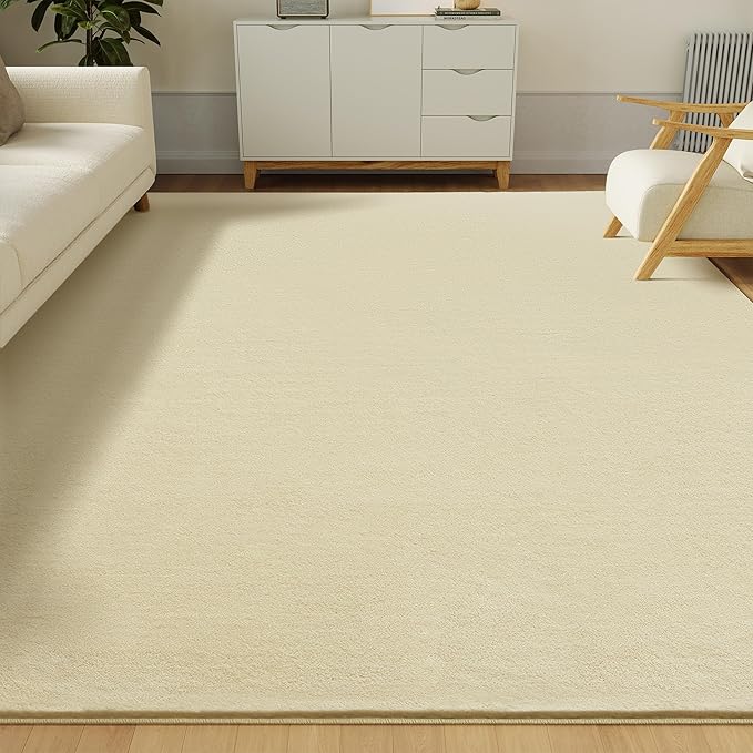 Solid Washable Area Rug - 10x14 Medium Pile Faux Cashmere Carpet for Living Room Bedroom, Light Yellow