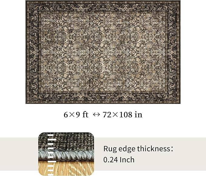 Washable Living Room Rug: 6x9 Boho Floral Soft Area Rug for Bedroom Decor - Vintage Low Pile Thin Carpet for Dining Room Non-Slip - Farmhouse Stain Resistant Rugs - Dark Brown