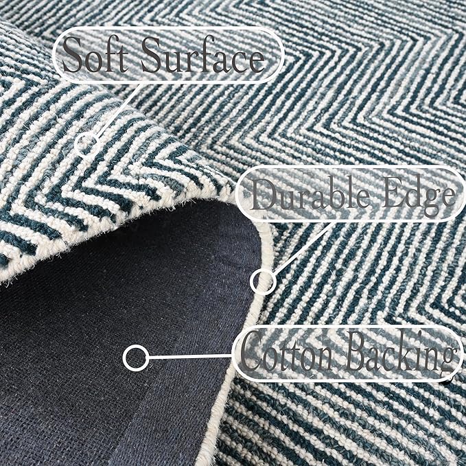 Modern Herringbone Chevron Collection Handcrafted Wool Area Rug - Durable, Zigzag Pattern, for High Traffic, Contemporary Design for Living Room, Bedroom, Dining Room Decor (Denim Blue, 3' x 5')