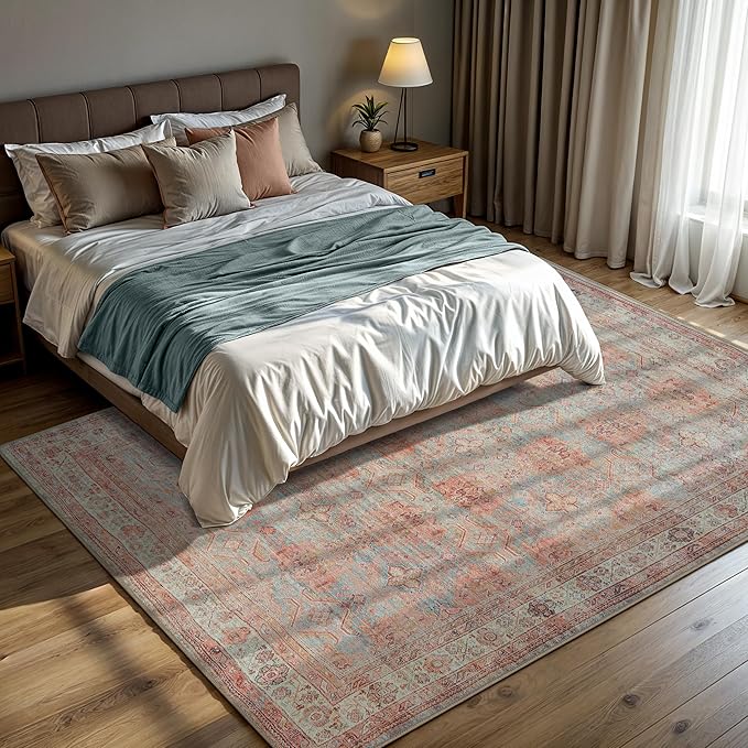 GLN Rugs Traditional Collection - Machine Washable Area Rug, Traditional Washable, Non Slip, Low Pile Chenille Rug, Living Room, Bedroom, Kitchen Rug (9' x 12' Terra/Multicolor 1153)