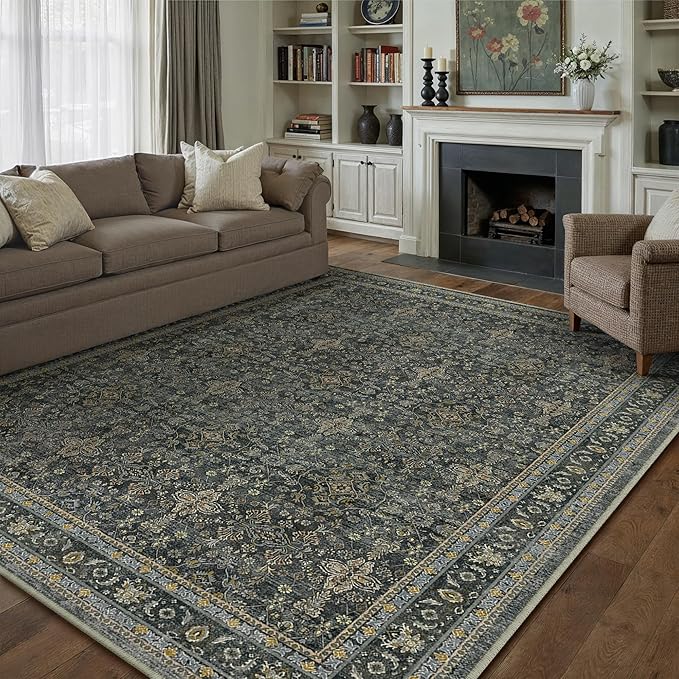 9x12 Area Rug for Living Room Black Vintage Washable Bedroom Carpet Traditional Distressed Soft Non Slip Indoor Large Accent Rug Retro Thin Low Pile Floor Cover for Dining Room Playroom