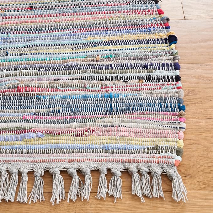 SAFAVIEH Rag Rug Collection Runner Rug - 2'3" x 7', Grey & Multi, Handmade Boho Stripe Cotton, Ideal for High Traffic Areas in Living Room, Bedroom (RAR121M)
