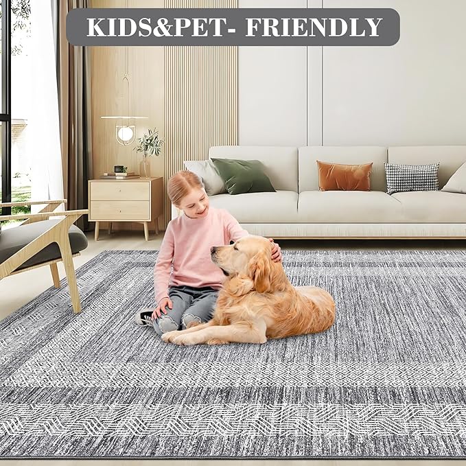 GarveeHome 2x6 Modern Bordered Runner Rug Soft Non Slip Washable Floor Carpet Distressed Geometric Hallway Indoor Printed Rug for Kitchen Entrance, Gray
