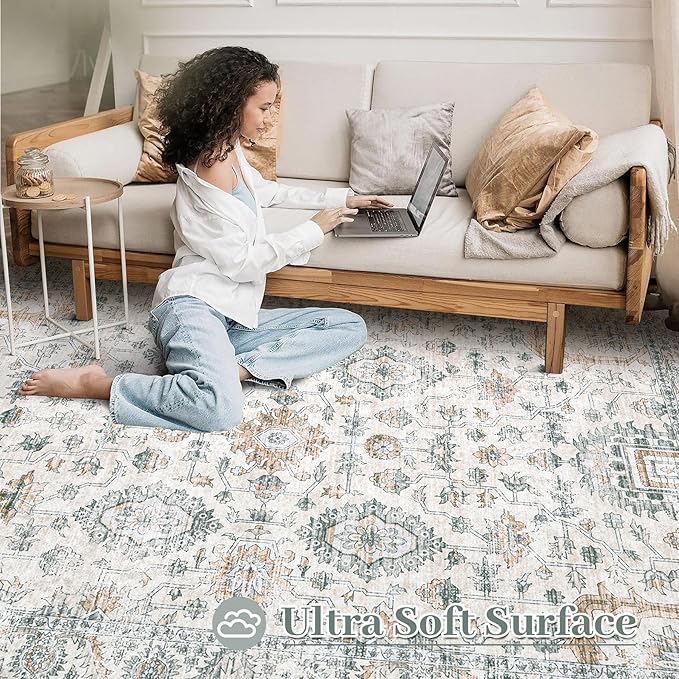 Area Rug 6x9 Living Room Rug, Machine Washable Vintage Distressed Boho Area Rug Non-Slip Soft Low Pile Large Indoor Rugs for Bedroom Kitchen Dining Room Office(Brown Green,6'x9')