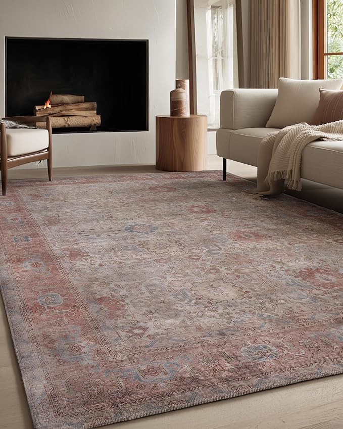 Kuden 9x12 Large Area Rug, Machine Washable Area Rug with Non-Slip Backing, Vintage Style, Soft, Easy Clean, Low Pile Rug for Living Room, Bedroom, Dining Room