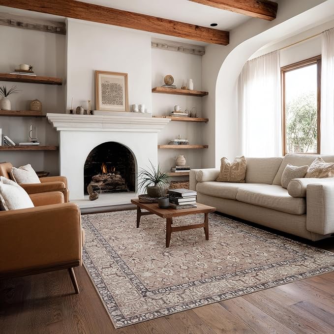 Kuden 5x7 Area Rug, Machine Washable Area Rug with Non-Slip Backing, Vintage Style, Soft, Easy Clean, Low Pile Rug for Living Room, Bedroom, Dining Room