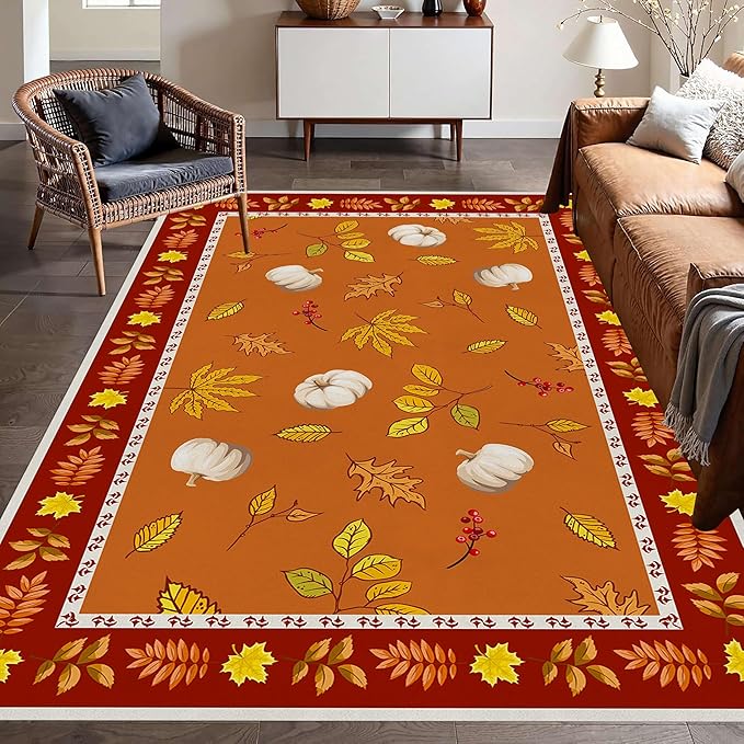 Fallen Leaves Carpet for Kitchen, 4x6ft, Autumn Pumpkins with Leave Orange Area Rug, Indoor Ultra-Thin Foldable Machine Washable Fun Pumpkin Bath Mat for Home Office Relax Room