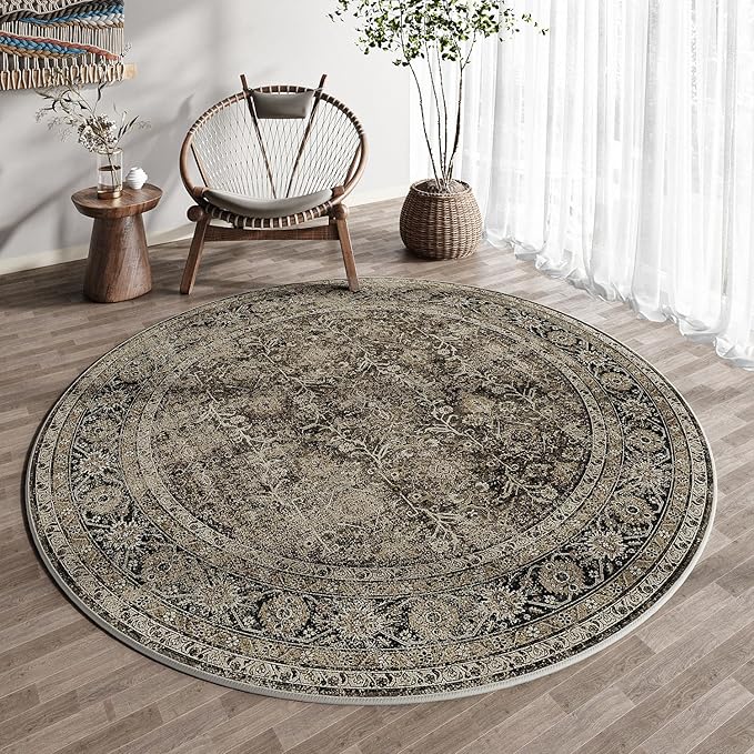 Brown Round Area Rug 3ft Entryway 3x3 Circle Vintage Indoor Kitchen Washable Door Mat Living Room Carpet Non Slip Traditional Distressed Retro Accent Throw Rug Office Dining Room Bathroom