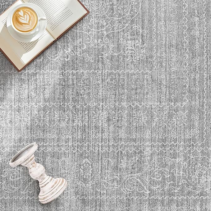 Area Rugs 9x12 Living Room: Washable Large Vintage Grey Rug Neutral Non-Slip Soft Stain Resistant Indoor Carpet for Bedroom Nursery Dining Room Under Table Bed Home House Office Playroom