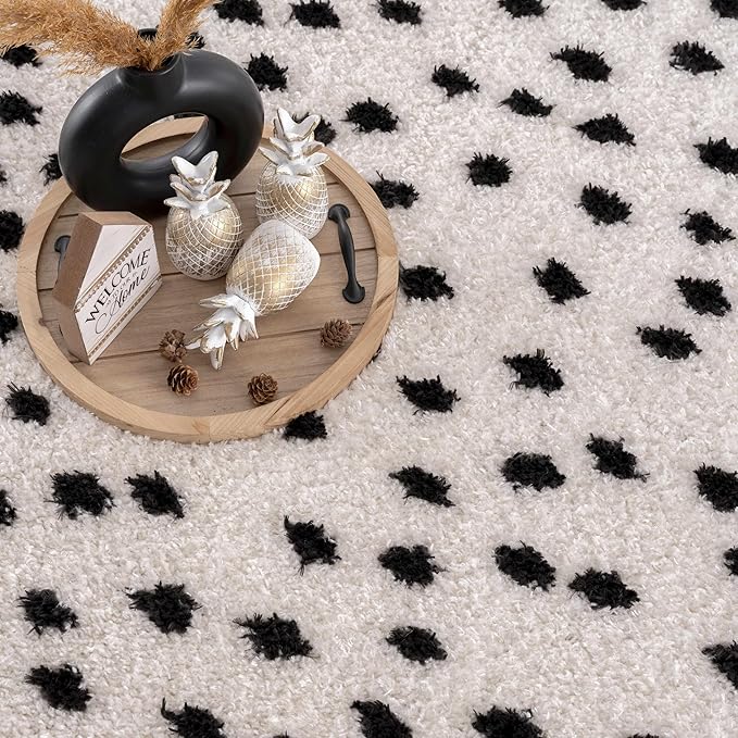Hauteloom Tilos Dalmatian Hallway, Entryway Shag Runner Rug - Shaggy Runner Rug - Dot Pattern - High Plush Pile - Black, White - 2'7" x 7'3"
