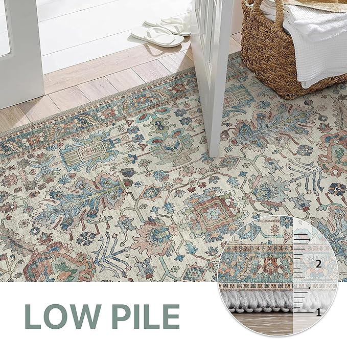 Bavni Area Rug 3x5, Non-Slip Washable Rugs for Living Room Office, Boho Distressed Printed Rug, Low Pile Foldable Decorative Carpet for Bedroom Kitchen Office, Blue/Ivory