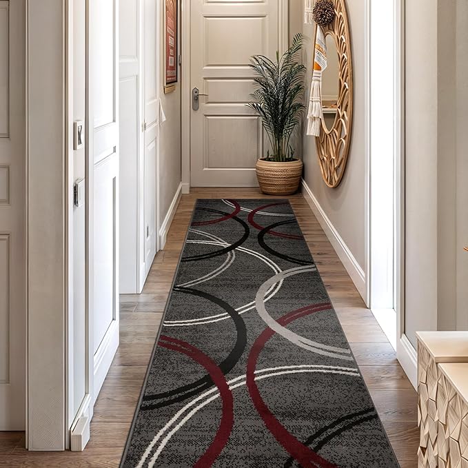 Rugshop Modern Wavy Circles Design Non-Shedding Runner Rug, Carpet for Hallway, Entryway, or Kitchen, Red, 2'7" x 10'