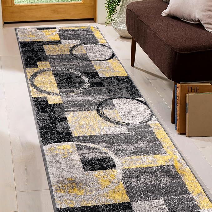Rugshop Contemporary Circle Design Runner Rug, Fade-Resistant Carpet for Hallway, Kitchen, or Entryway, Yellow, 2' x 10'