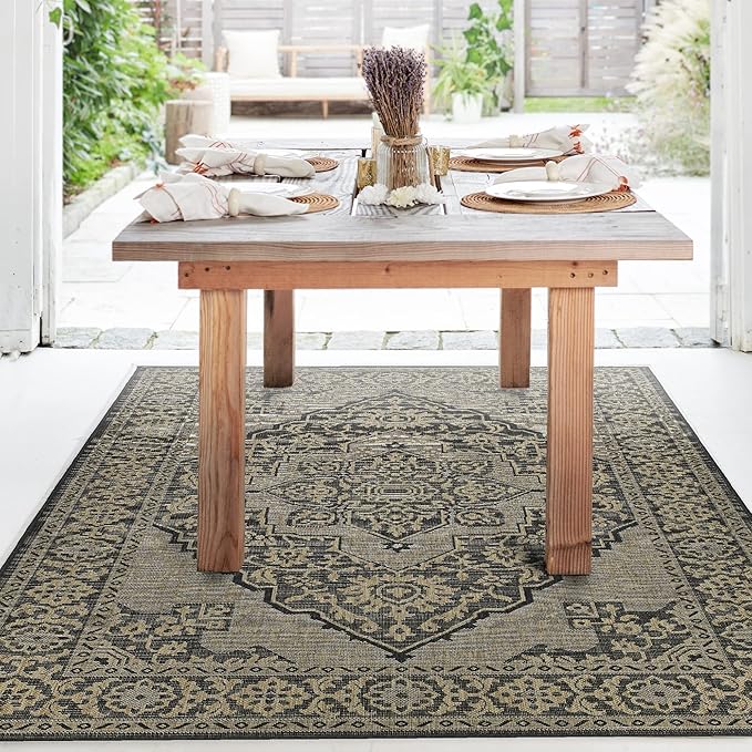 FH Home Flat Woven Outdoor Rug - Waterproof, Easy to Clean, Stain Resistant - Premium Polypropylene Yarn - Vintage - Patio, Porch, Deck, Balcony - Ankara - Charcoal - 5ft 4in x 7ft 6in
