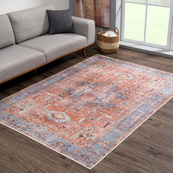 Bloom Rugs Washable 8' x 10' Rug - Terracotta/Blue Traditional Area Rug for Living Room, Bedroom, Dining Room, and Kitchen - Exact Size: 8' x 10'