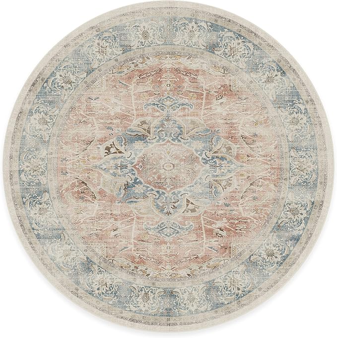 RUGGABLE Washable Vintage Area Rug – Sarrah Coral 8 ft Round, Stain-Resistant, Non-Slip – Large Machine Washable Rugs for Living Room, Bedroom, Hallway, Entryway & Office–with Cushioned Pad