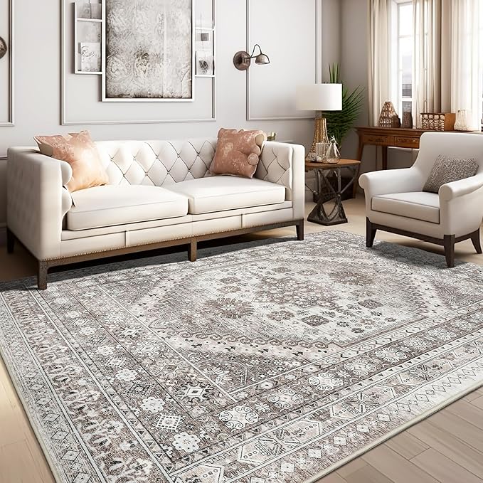 zesthome 10x14 Area Rugs,Stain Resistant Washable Rug,Ultra-Thin Rugs for Living Room,Bedroom,Non-Slip Backing Home Decor Large Area Rug (Brown/Beige,10'x14')