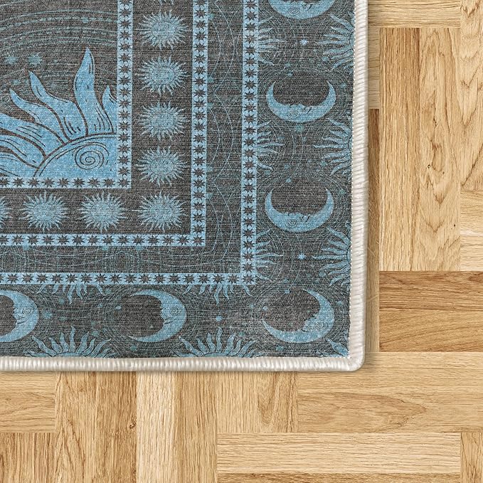 Ambesonne Sun and Moon Decorative Rug, Bohemian Artwork Design of Crescent Solar Ornament Esoteric Stars Ornaments, Quality Carpet for Bedroom Dorm and Living Room, 2' 5" x 5', Sky Blue