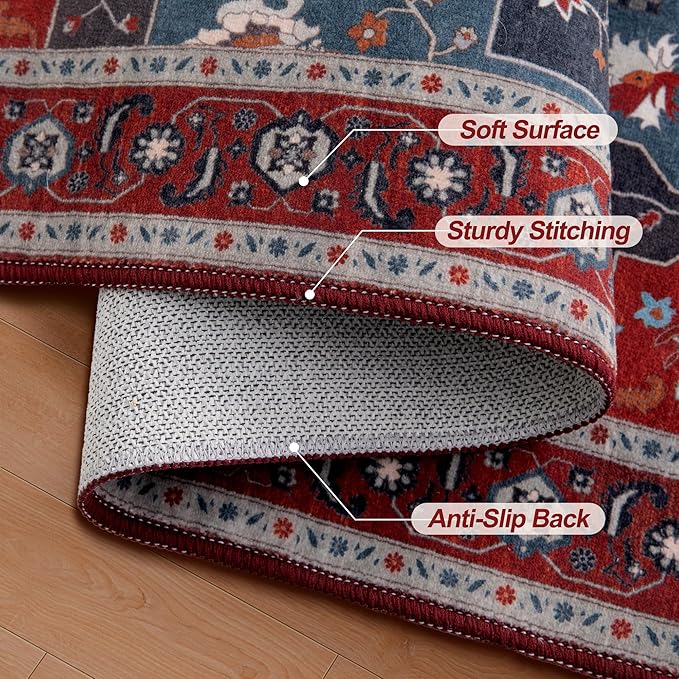 Tangsoo Red Vintage Small 2x3 Washable Rugs for Entryway Non-Slip Oriental Low Pile Rug for Front Door, Kitchen, Indoor, Accent Throw Small Area Rug, Door Mat for Entrance, Soft Boho Rug