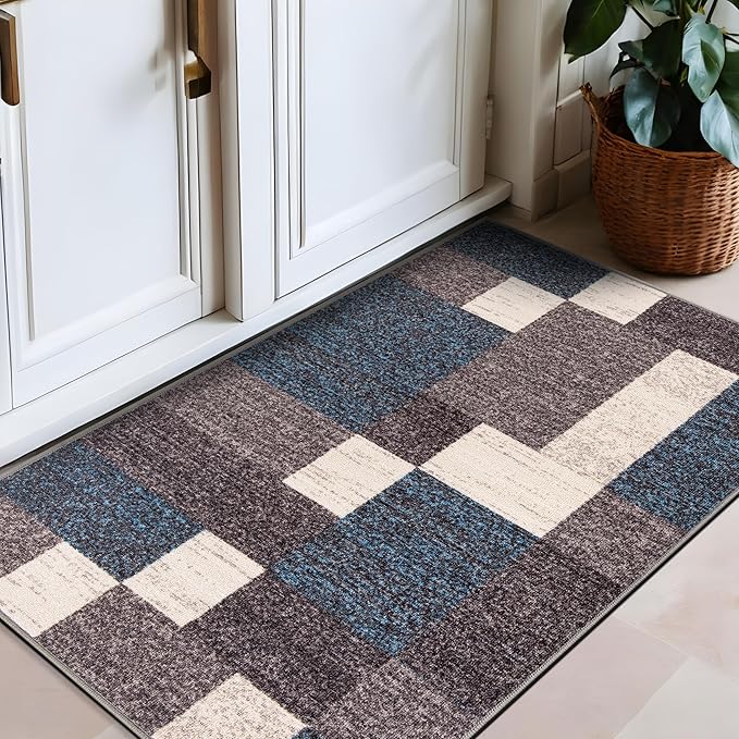 Rugshop Modern Boxes Design Non-Slip (Non-Skid) Carpet Mat Area Rug for Entryway,Door Rug,Kitchen 2'7" x 4' Blue