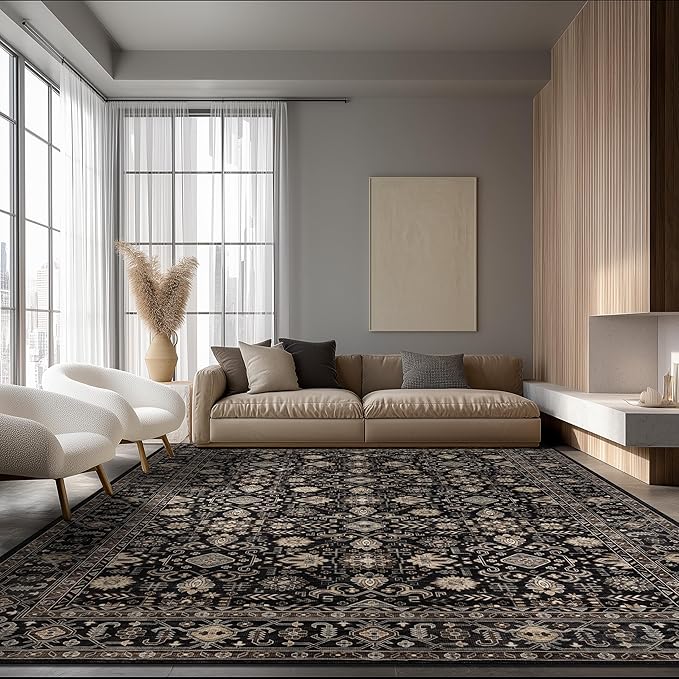 Area Rug Non Slip Machine Washable Ultra Soft Living Room/Bedroom/Kitchen/Outdoor/Classroom Black Gold, 10'×14'