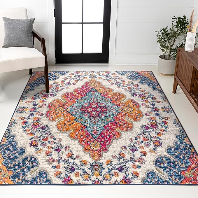 JONATHAN Y Boho Vintage Blue/Multi Indoor Area Rug, 4x6, Bohemian Flair Medallion, Floral Easy-Cleaning High Traffic for Living Room, Bedroom, Kitchen, Pet-Friendly, Non-Shedding (BMF106A-4)