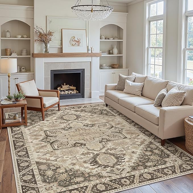 5x7 Area Rug Machine Washable Boho Rug for Living Room,Ultra-Thin Low Pile Carpet,Lightweight Indoor Printed Rug,Non Slip Floral Area Rug for Bedroom, Dining Room, Home Office,Brown