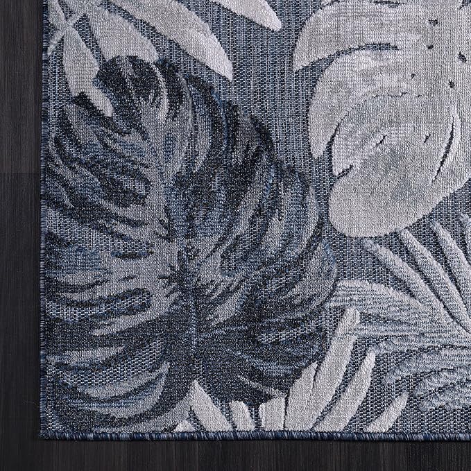 CAMILSON Indoor Outdoor Rug Navy Blue 4x6 Leaf Tropical Botanical Area Rugs for Indoor and Outdoor patios, Easy-Cleaning Non-Shedding Living Room Garden and Kitchen Washable Outside Carpet (4 x 6)
