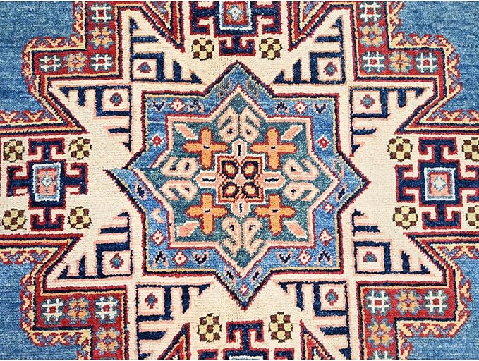 Cerulean Blue Special Kazak with All Over Pattern Natural Dyes Pure Wool Hand Knotted Oriental Densely Woven Rug(9'x11'8")