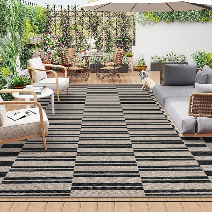Lahome Striped Easy Jute Carpet, 8x10 Living Room Rugs Indoor Outdoor Patio Dining Room Rug, Farmhouse Non Slip Non Shedding Non Shedding Black Carpet for Deck Backyard Mudroom