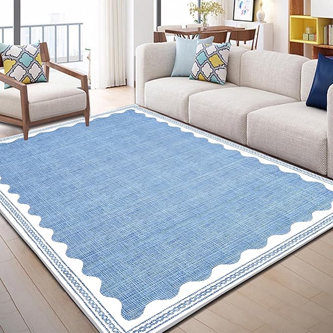 Scalloped Rug 5x7 Solid Blue Washable Non-Slip Rug for Living Room Modern Aesthetic Rugs for Bedroom Kitchen Dining Indoor Entry Entrance Floor